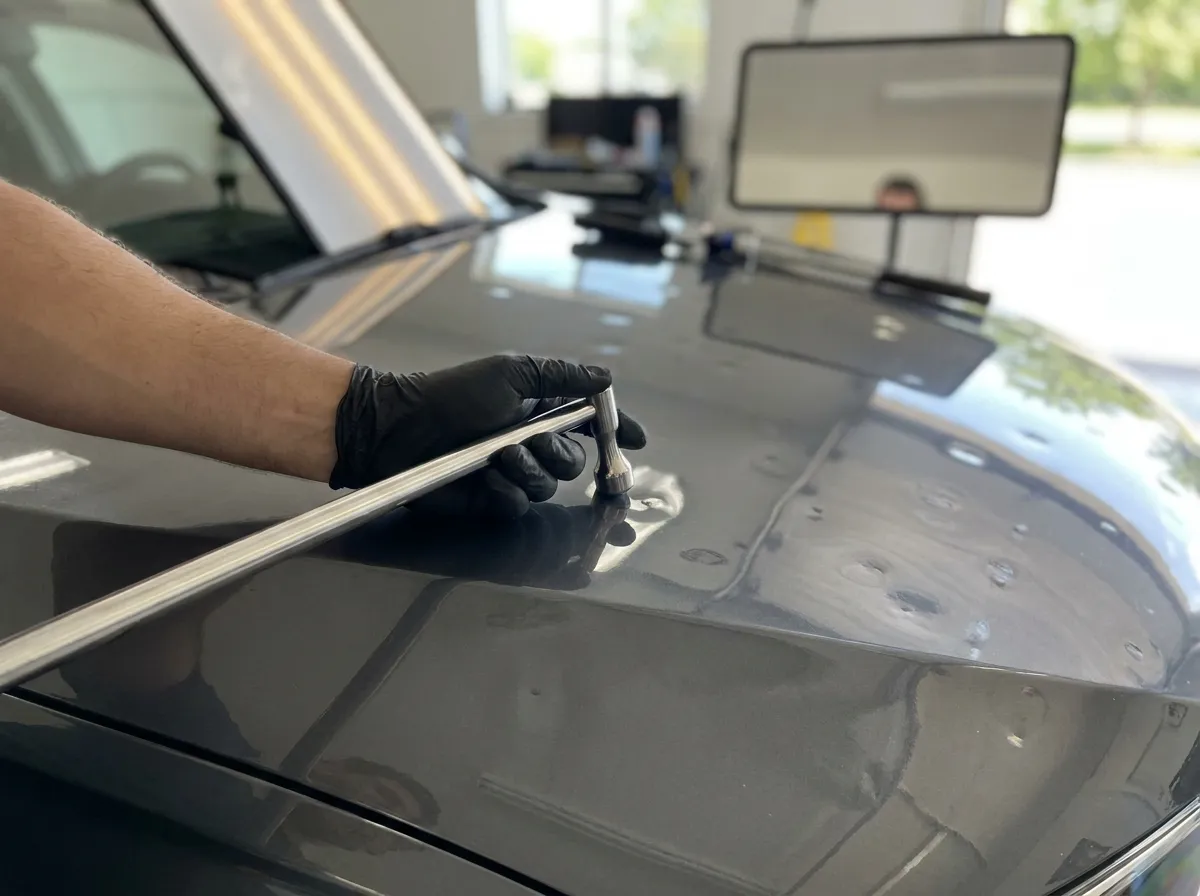 Hail damage lifted from a car panel