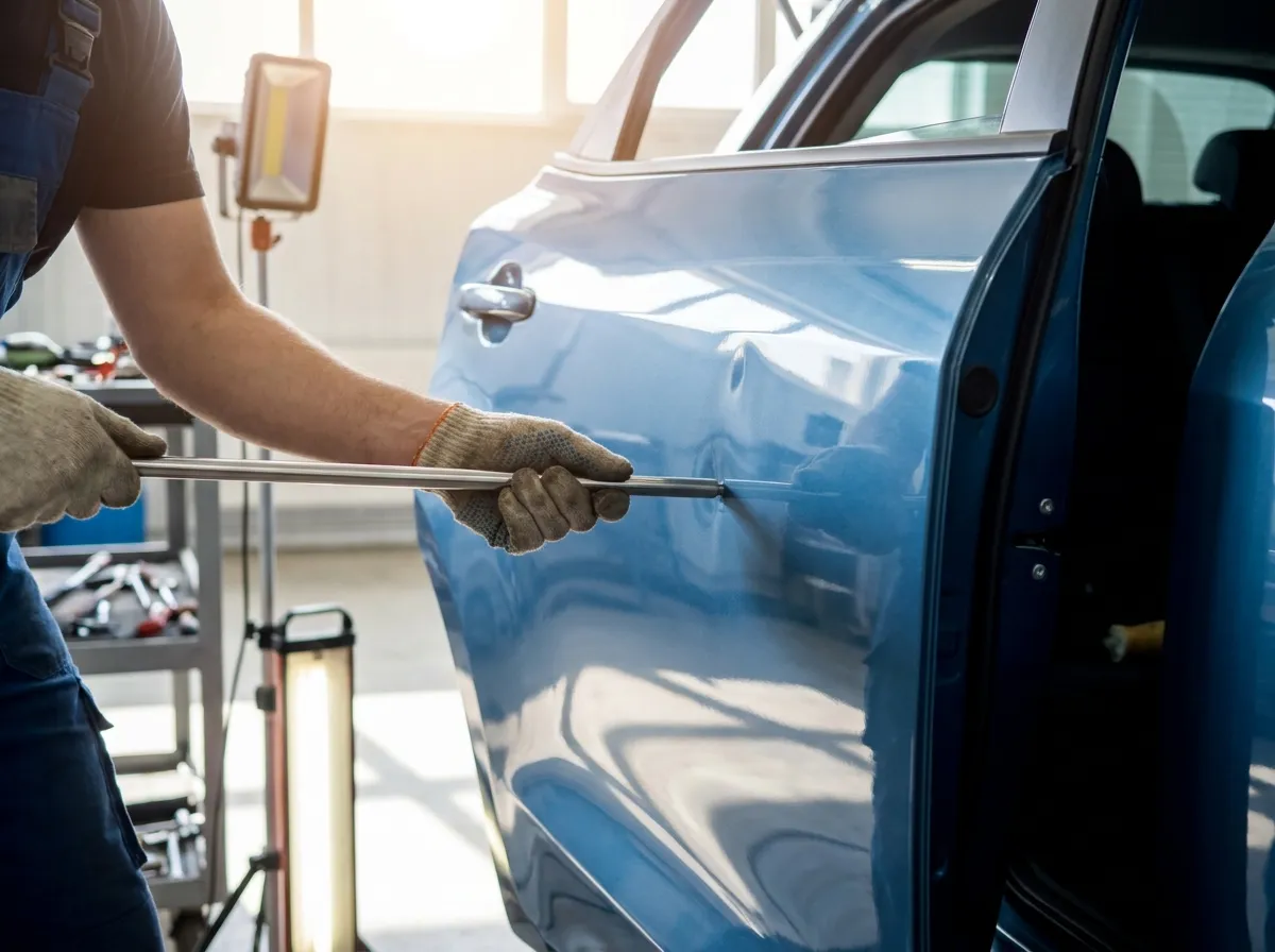 Paintless dent repair on a car panel