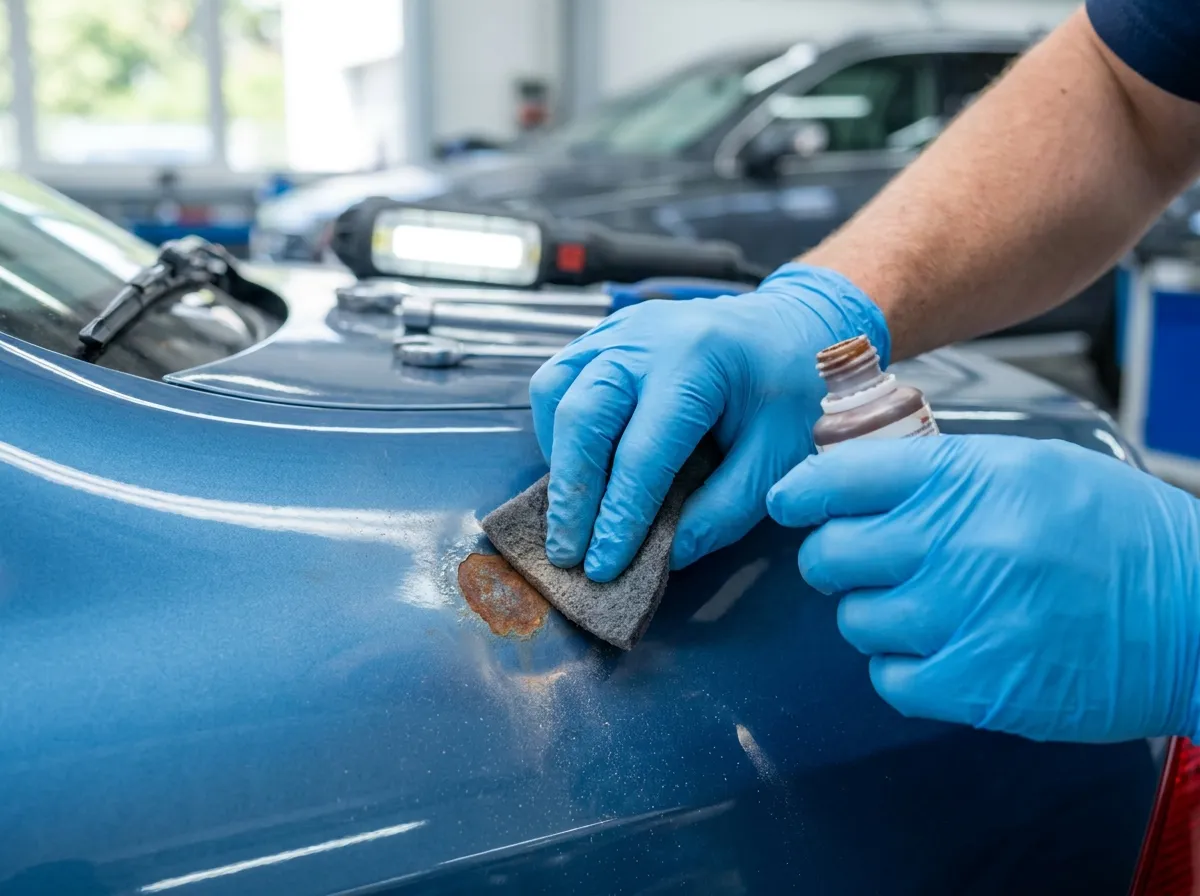 Surface rust on a car panel being treated