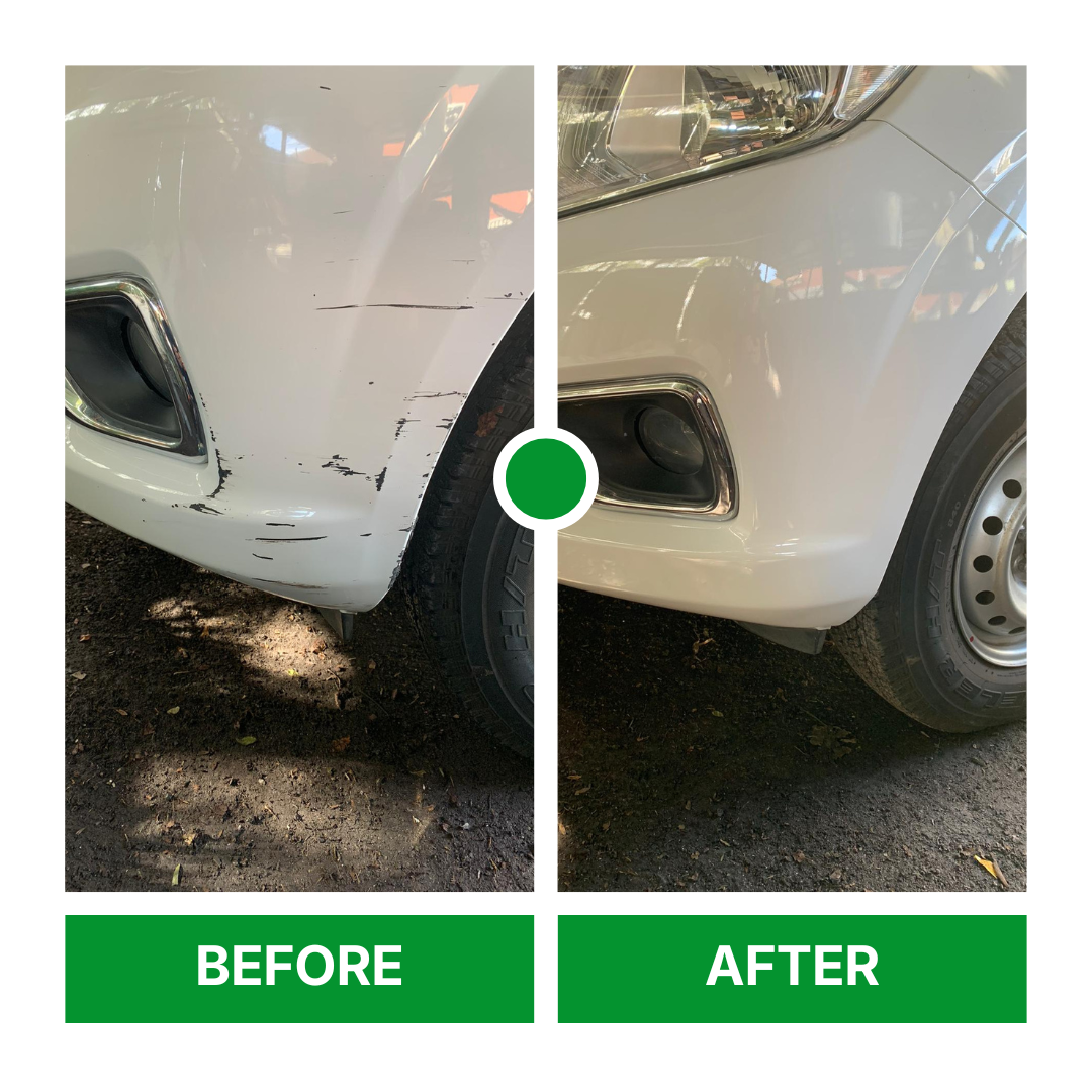 A car before and after a mobile dent and scratch repair