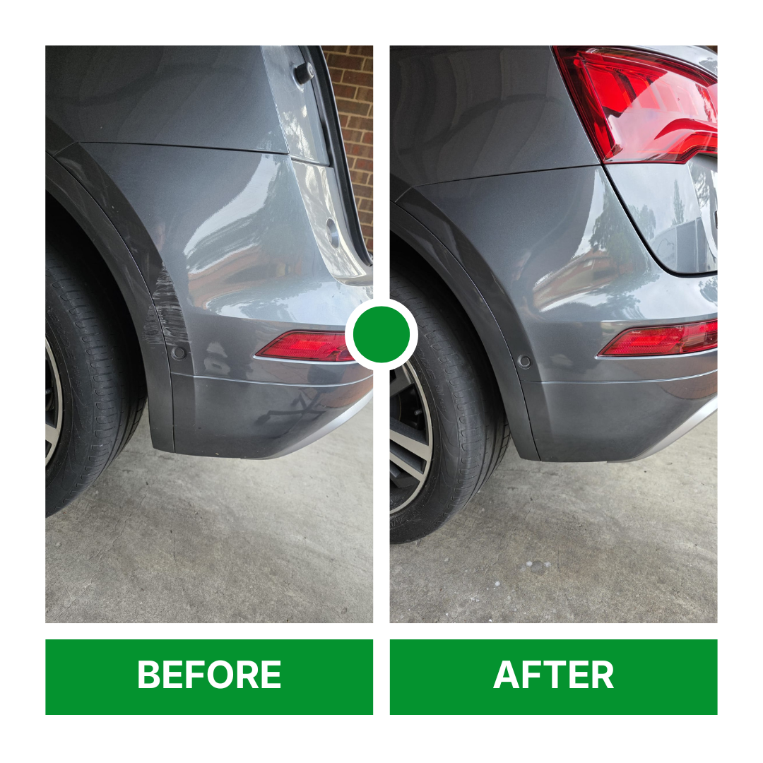 A car before and after a mobile dent and scratch repair