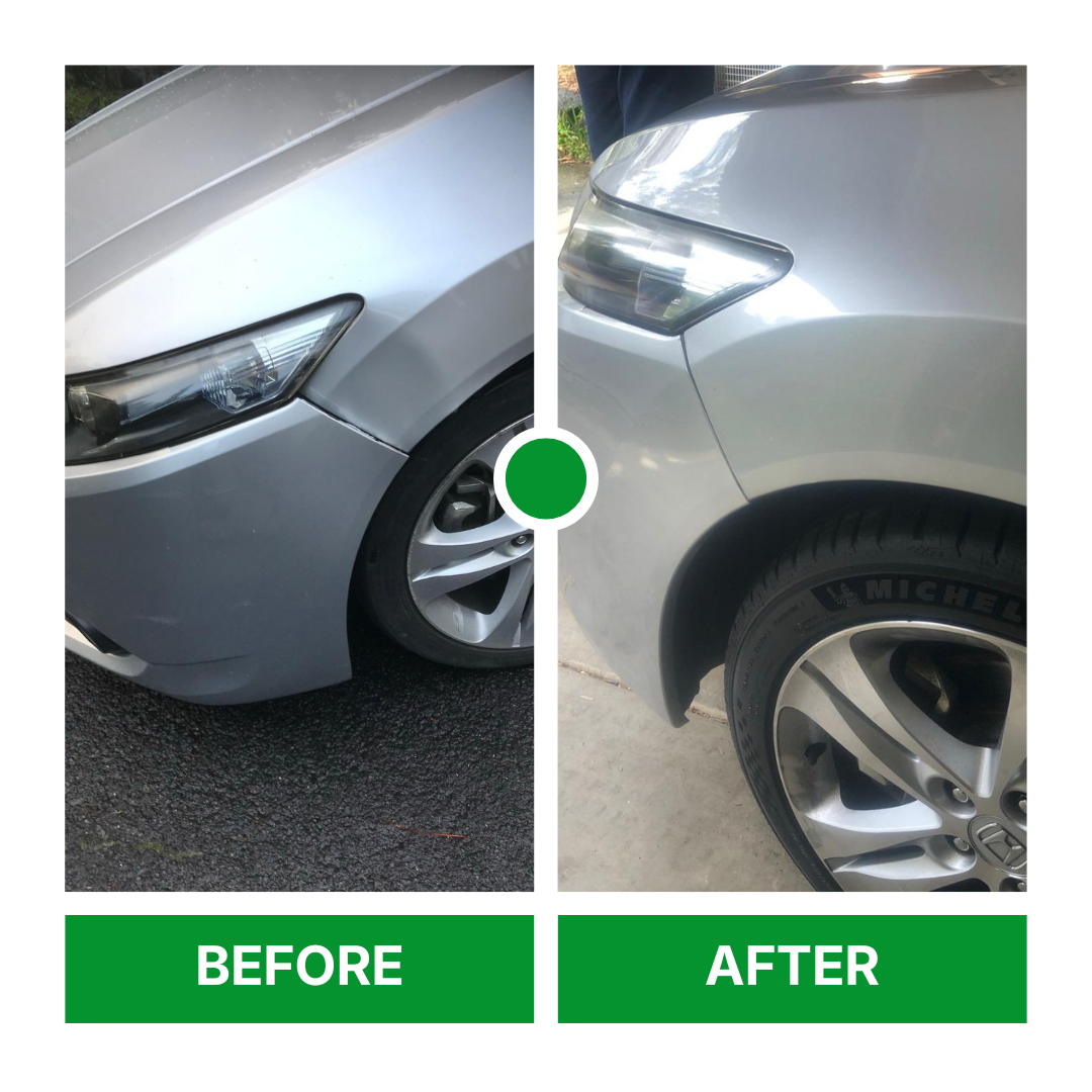 A car before and after a mobile dent and scratch repair
