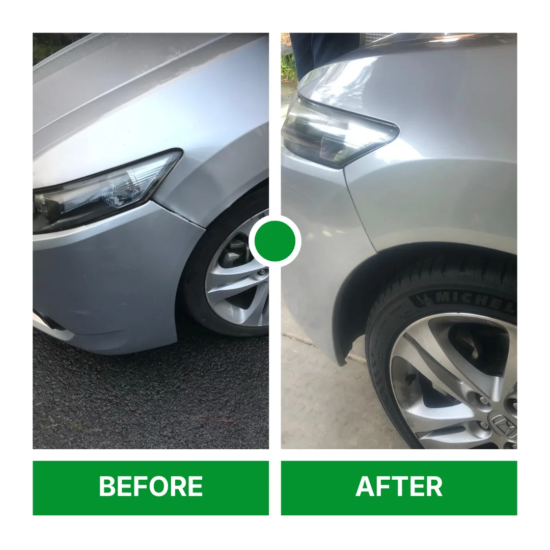 A car before and after a mobile dent and scratch repair